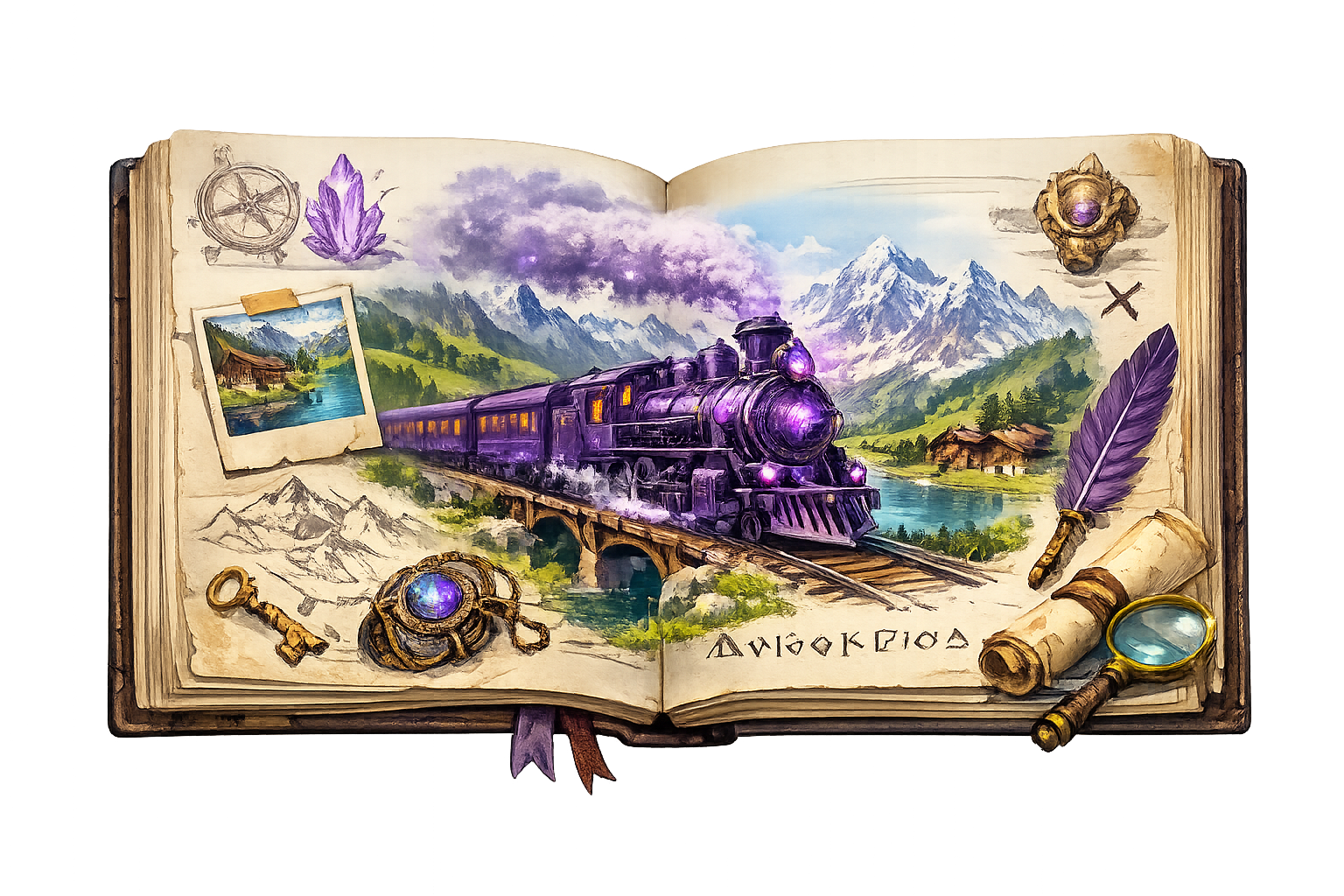 Open illustrated travel journal with a purple steam train crossing a mountain bridge