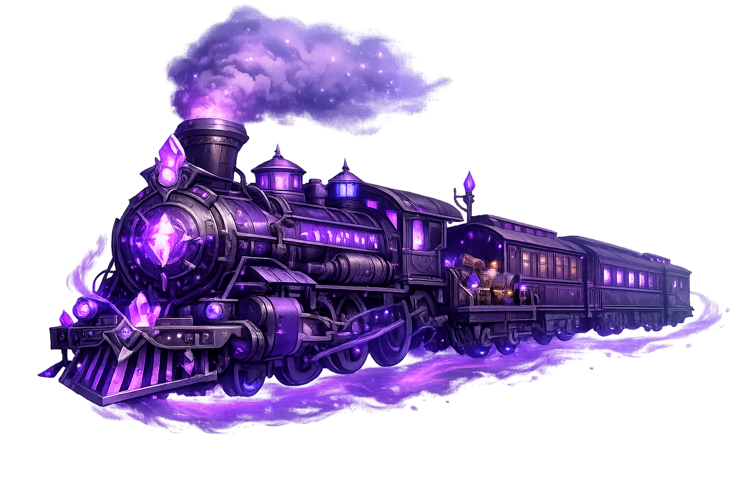 Steampunk purple locomotive with glowing crystal accents
