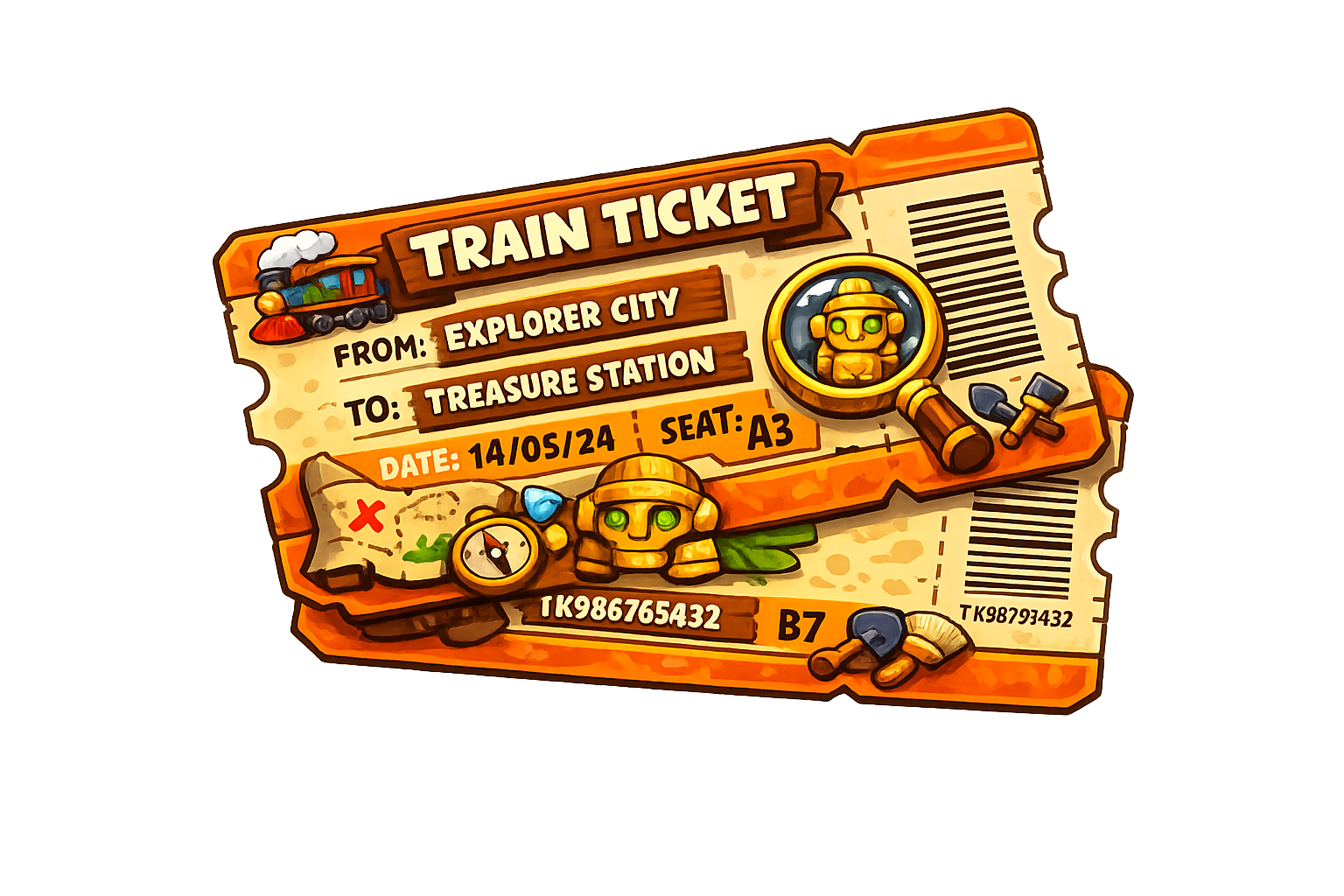 Illustrated golden adventure train ticket from Explorer City to Treasure Station