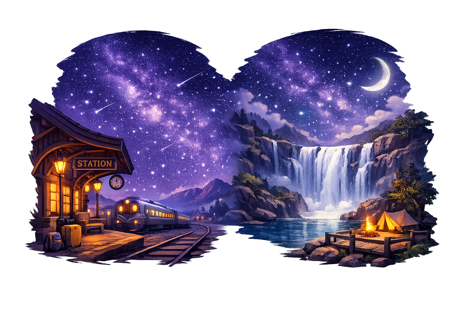Magical binocular night view of a lit railway station under a starry purple sky